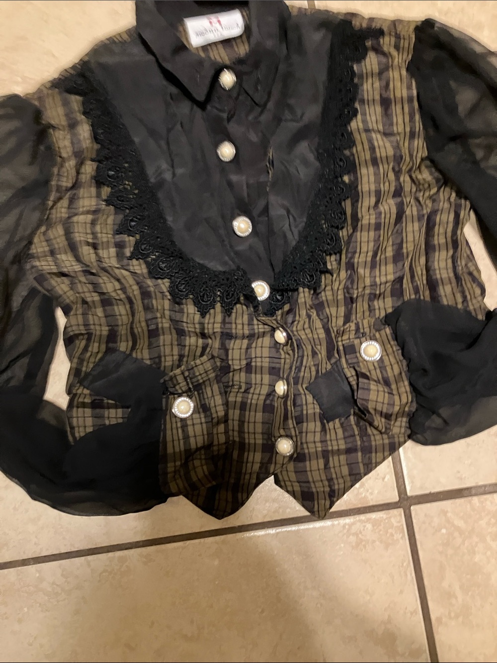 Olive Plaid & Black Lace-Trim Jacket
